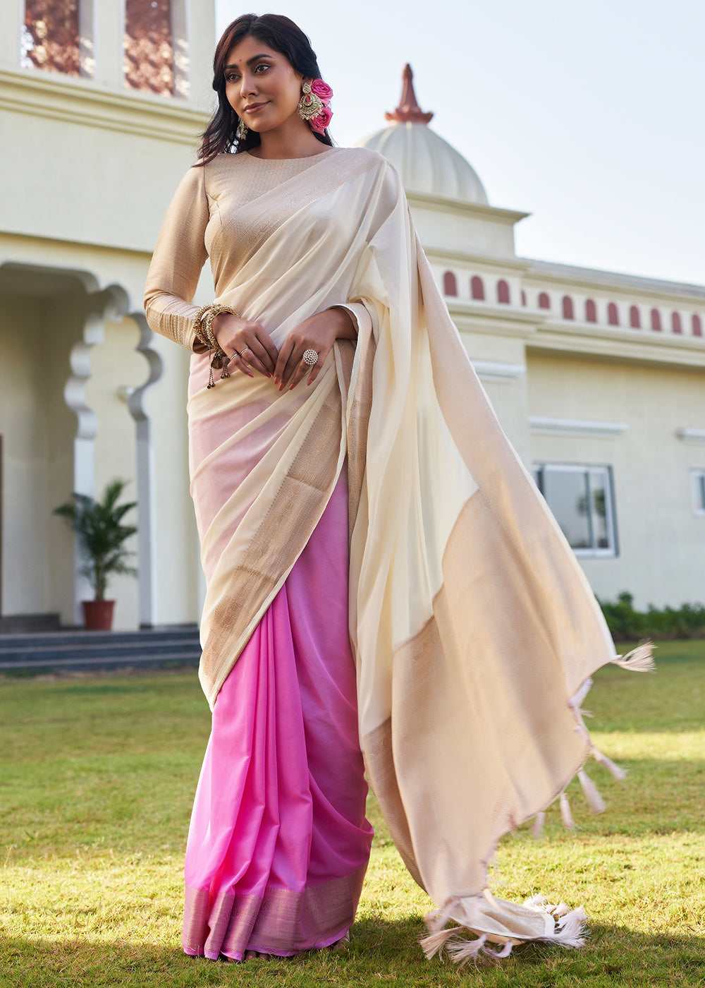 Cream White Woven Georgette Saree