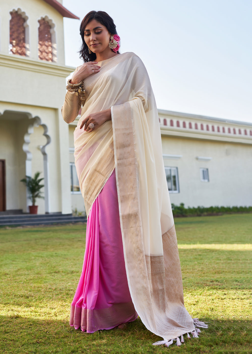 Cream White Woven Georgette Saree