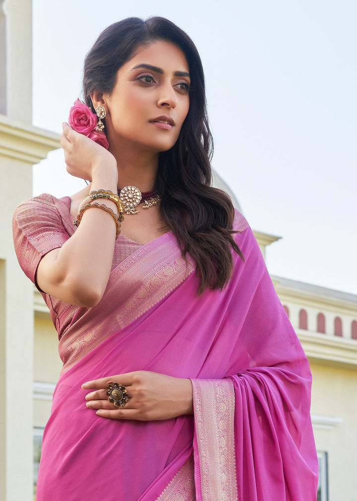 Magenta Pink Woven Georgette Saree