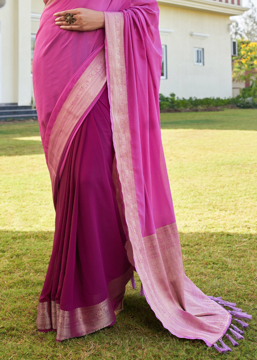 Magenta Pink Woven Georgette Saree