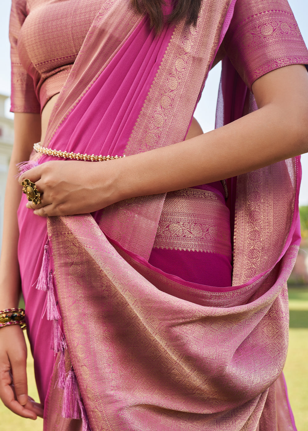 Magenta Pink Woven Georgette Saree