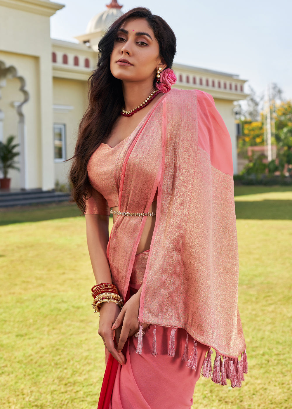 Mauvelous Pink Woven Georgette Saree