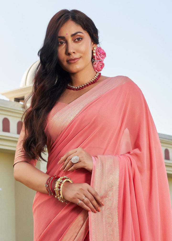 Mauvelous Pink Woven Georgette Saree