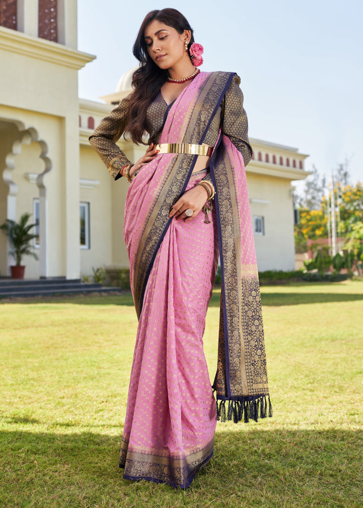 Neon Pink Zari Woven Georgette Saree with Contrast Blouse & Pallu