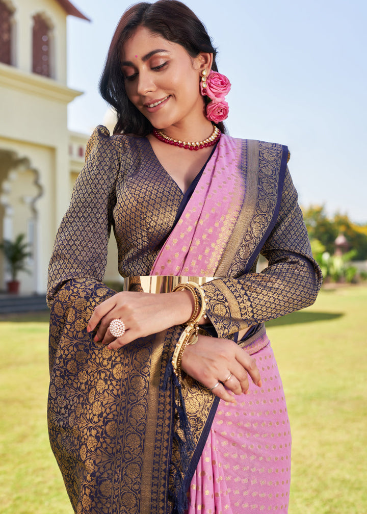 Neon Pink Zari Woven Georgette Saree with Contrast Blouse & Pallu