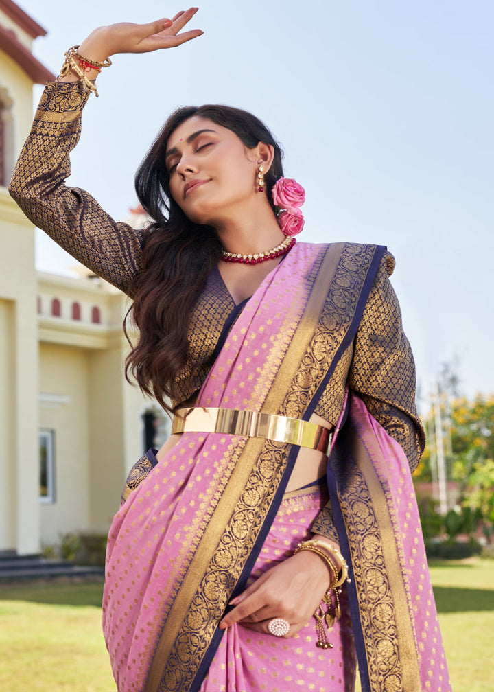 Neon Pink Zari Woven Georgette Saree with Contrast Blouse & Pallu