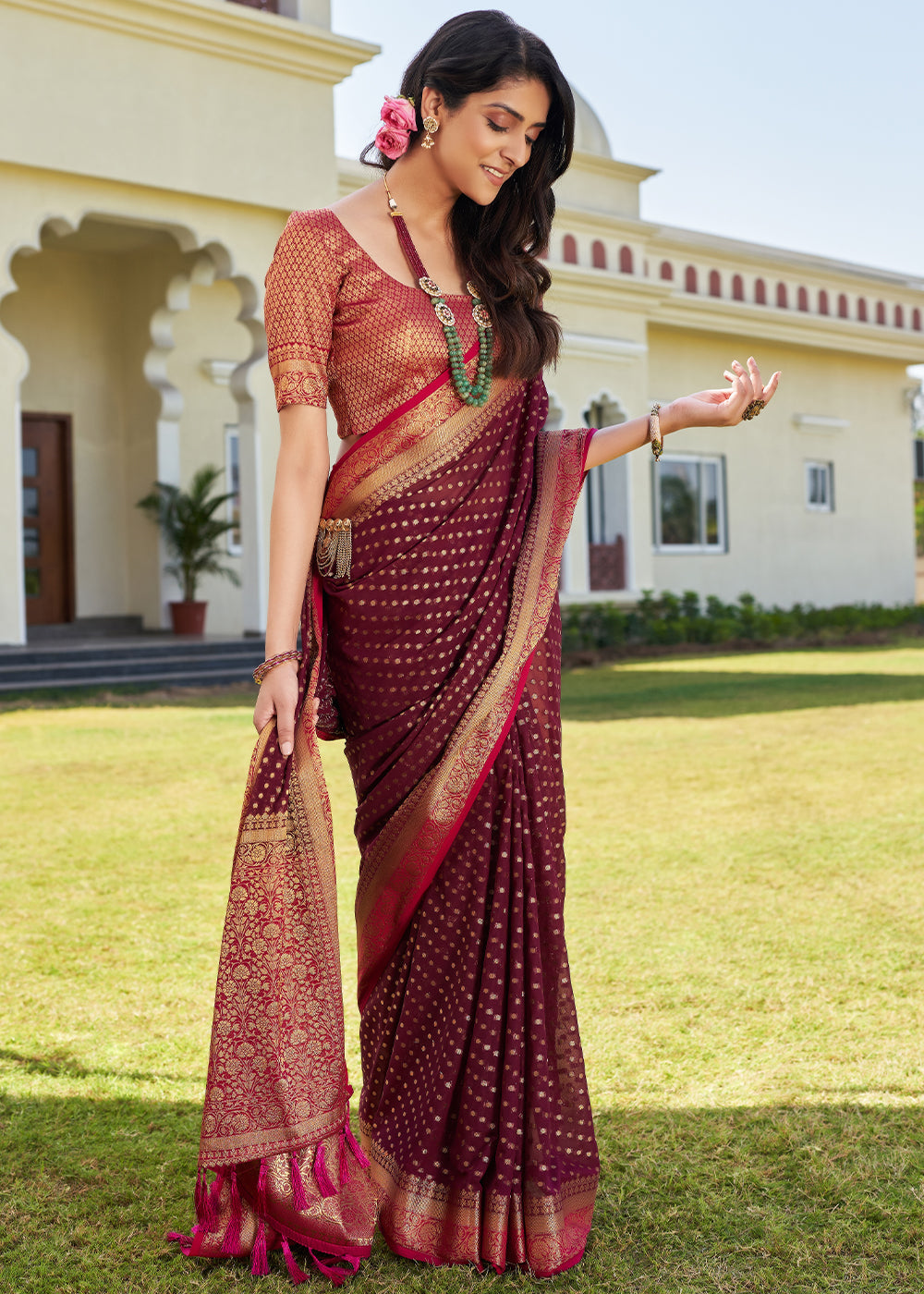 Sangria Purple Zari Woven Georgette Saree with Contrast Blouse & Pallu