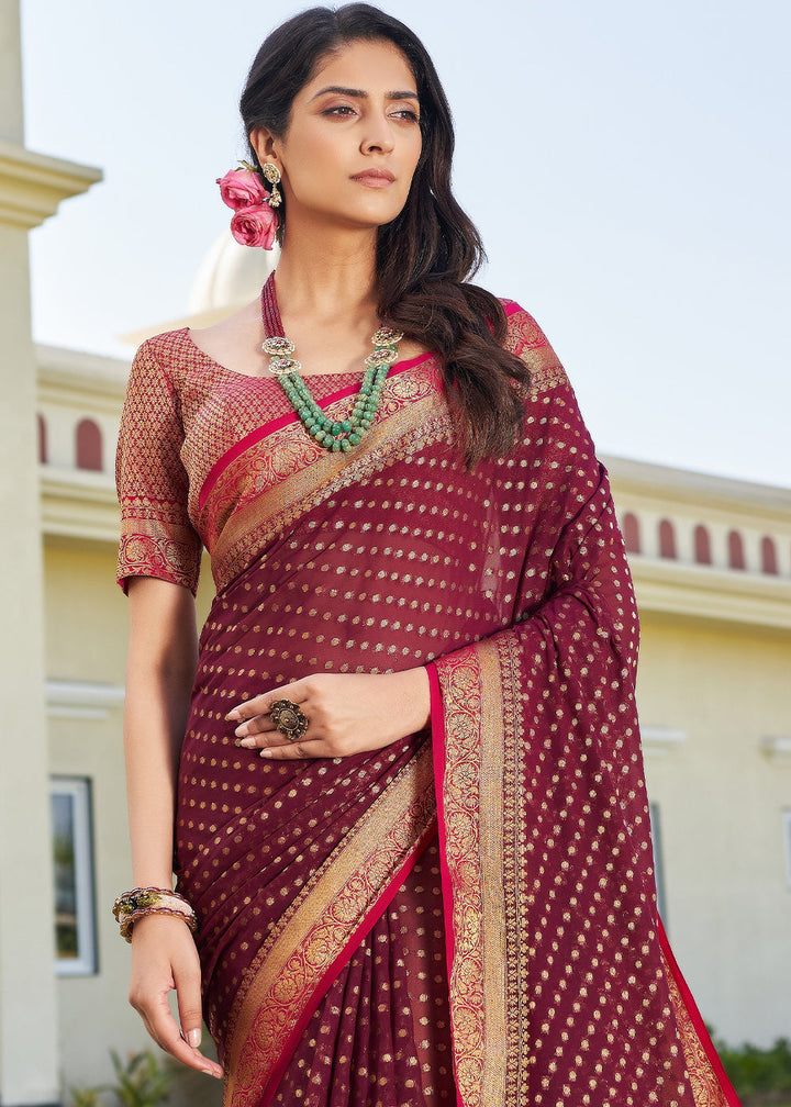 Sangria Purple Zari Woven Georgette Saree with Contrast Blouse & Pallu