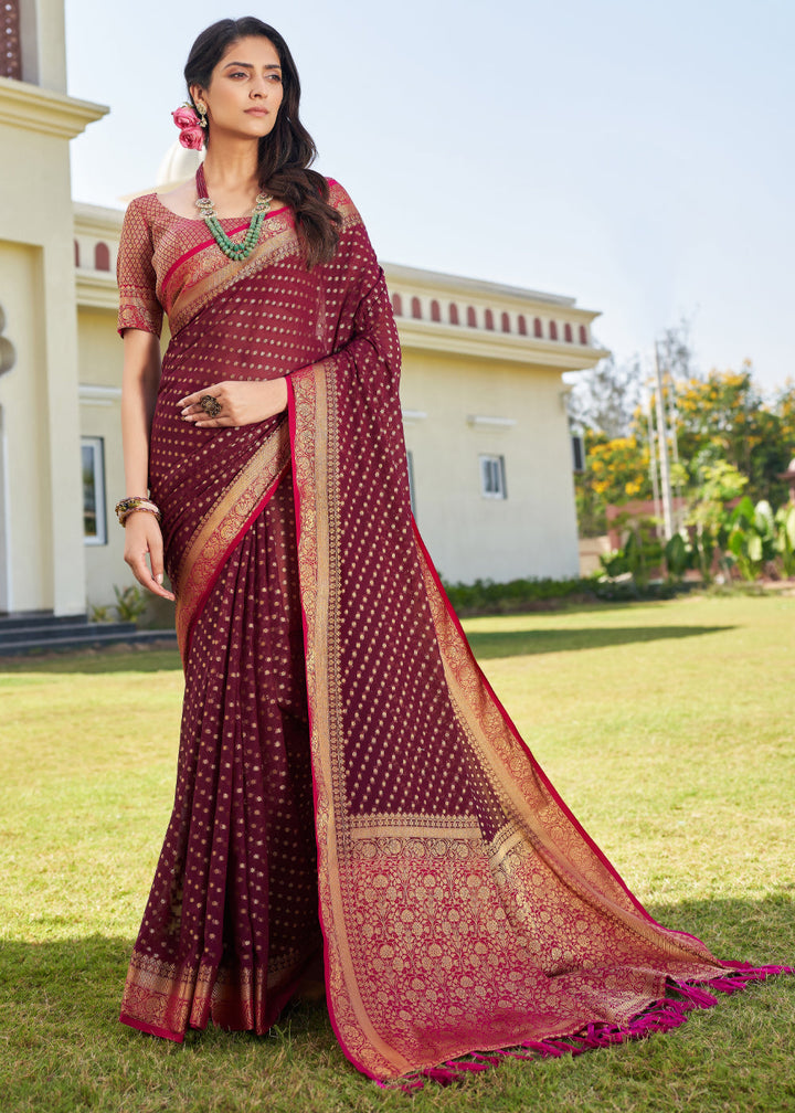 Sangria Purple Zari Woven Georgette Saree with Contrast Blouse & Pallu