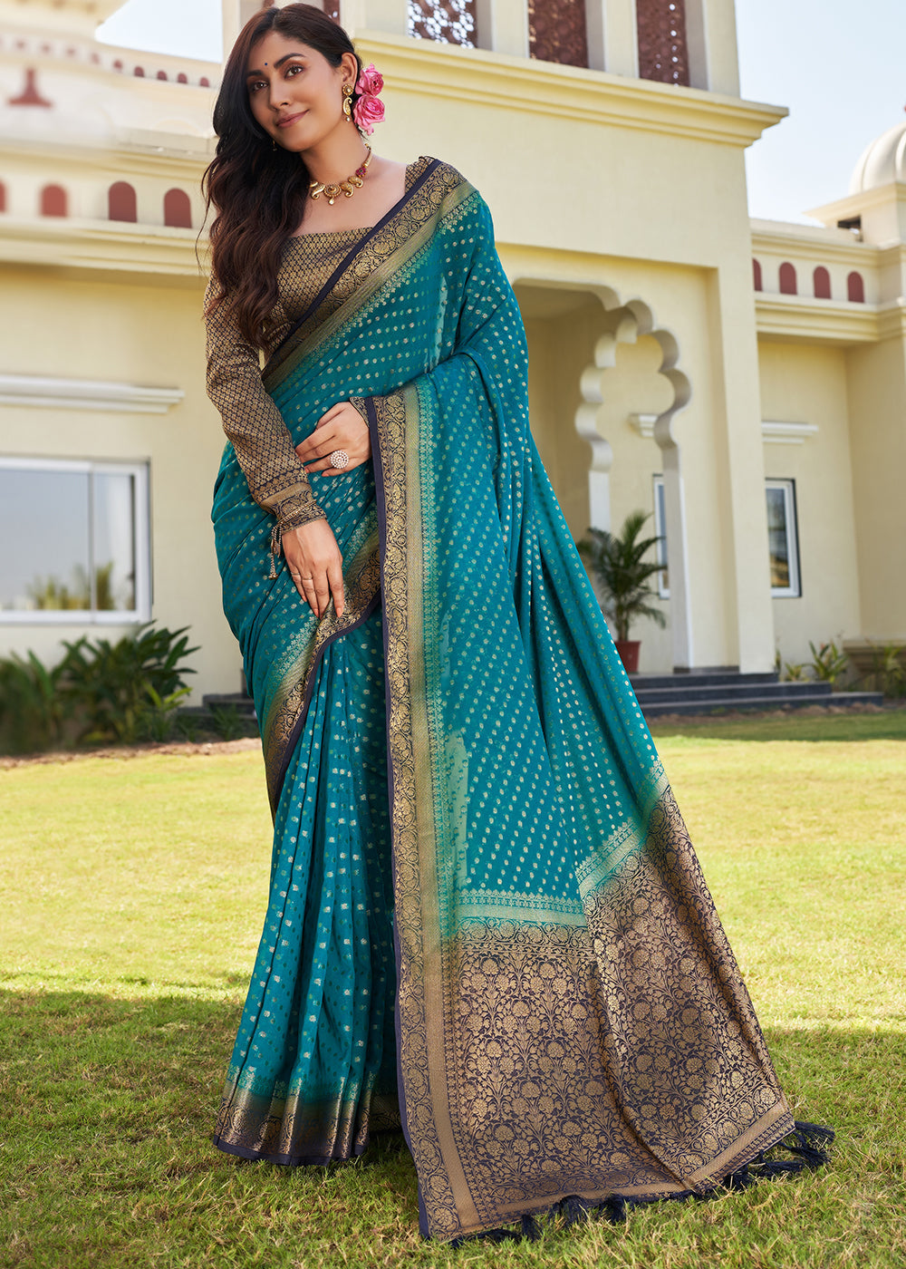 Star Command Blue Zari Woven Georgette Saree with Contrast Blouse & Pallu