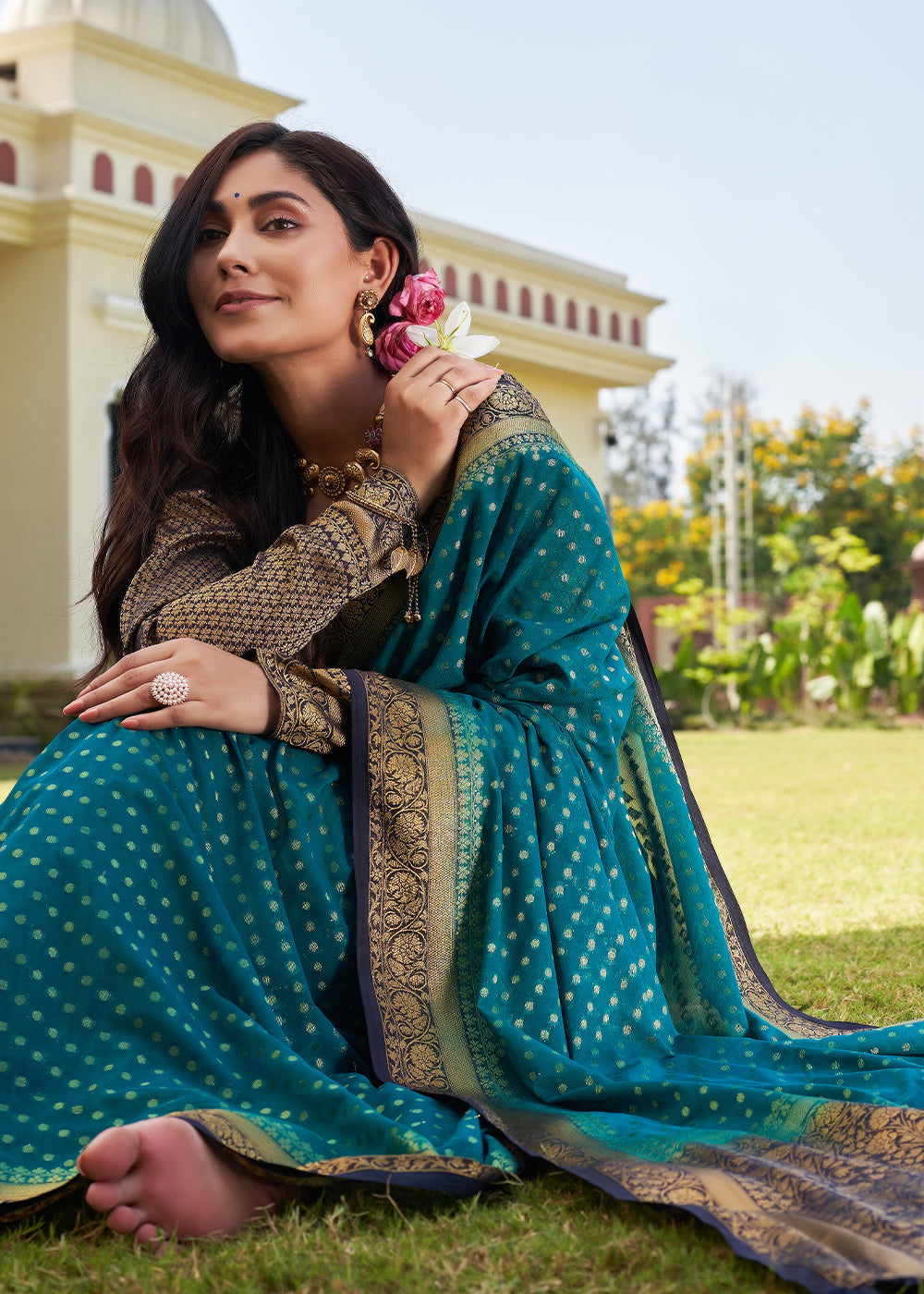 Star Command Blue Zari Woven Georgette Saree with Contrast Blouse & Pallu