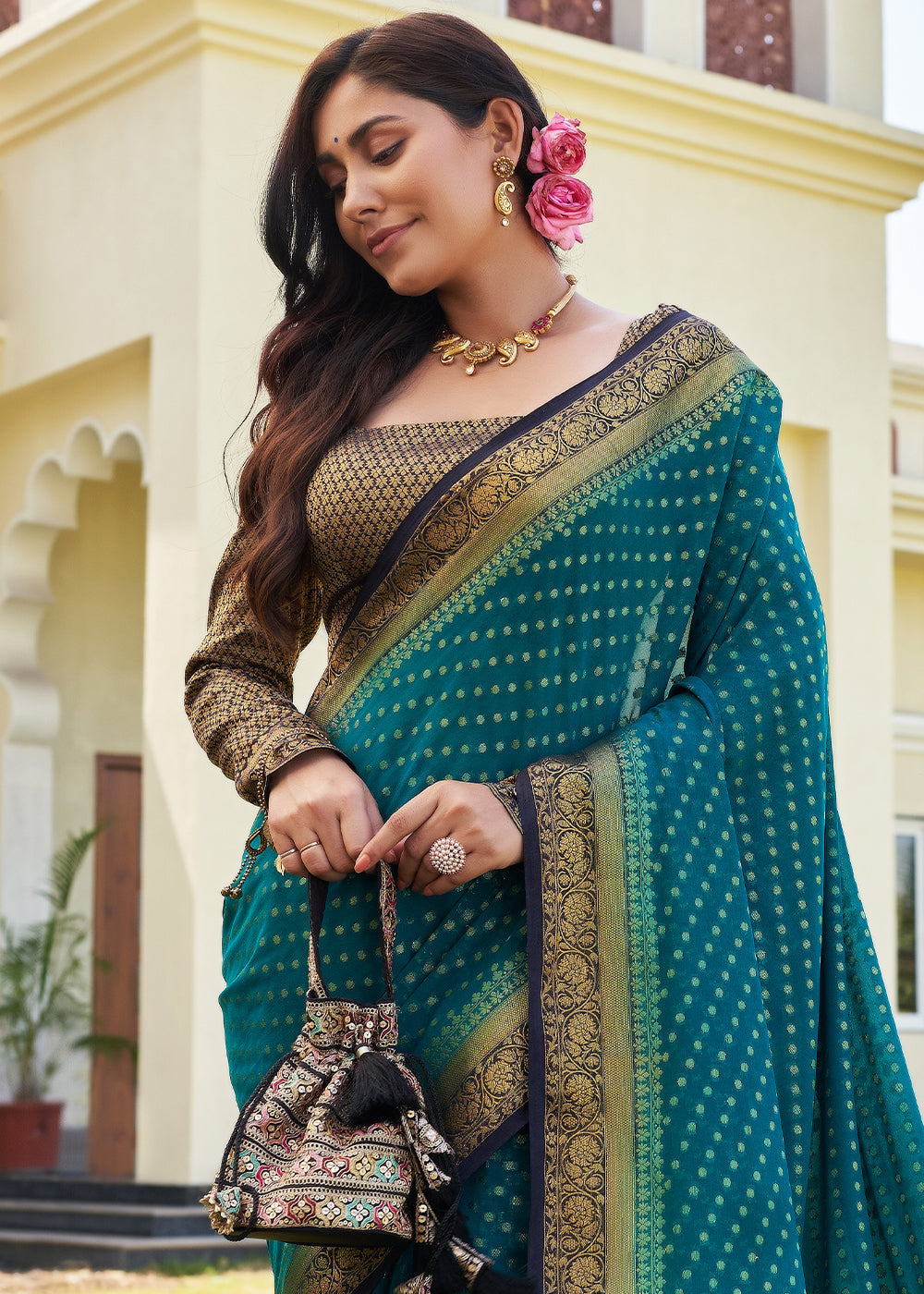 Star Command Blue Zari Woven Georgette Saree with Contrast Blouse & Pallu