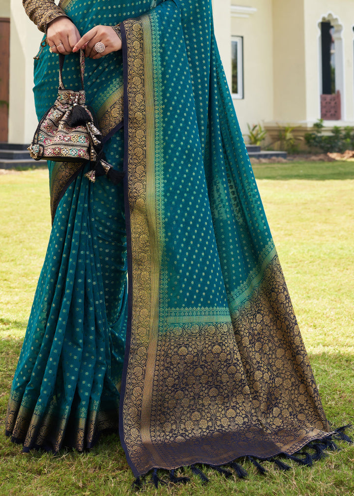 Star Command Blue Zari Woven Georgette Saree with Contrast Blouse & Pallu