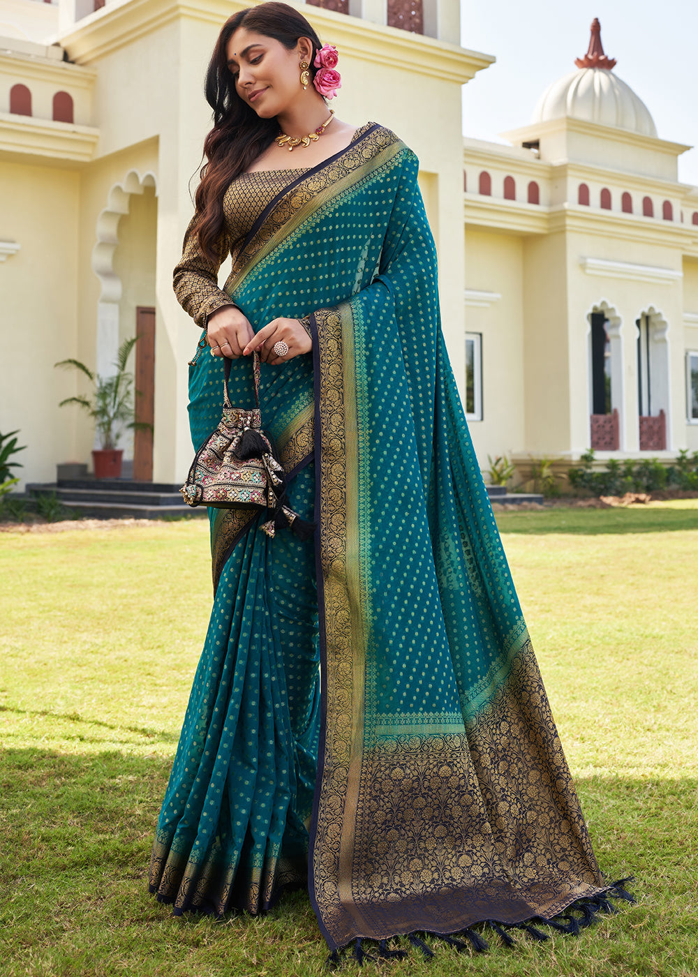 Star Command Blue Zari Woven Georgette Saree with Contrast Blouse & Pallu