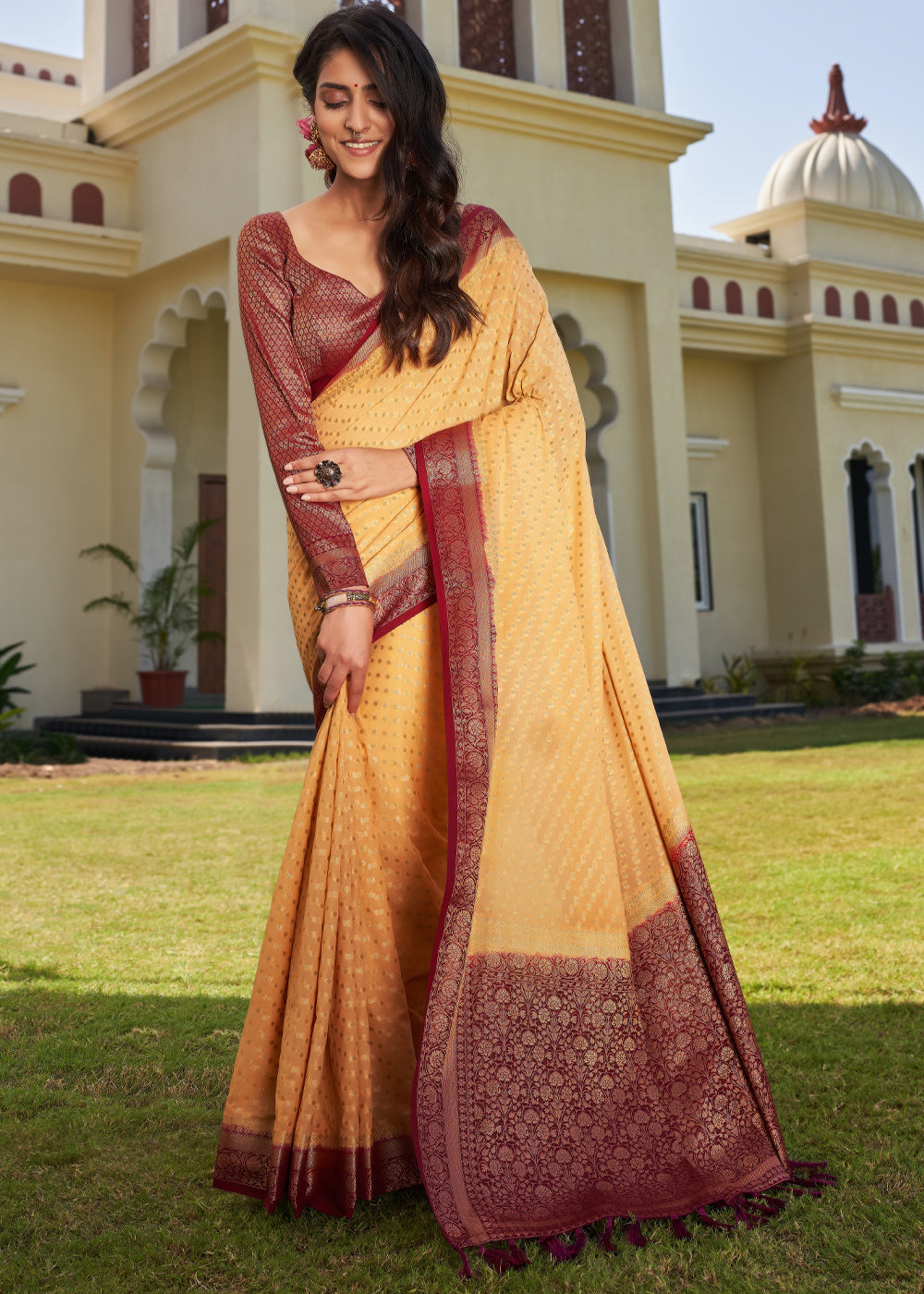 Light Yellow Zari Woven Georgette Saree with Contrast Blouse & Pallu