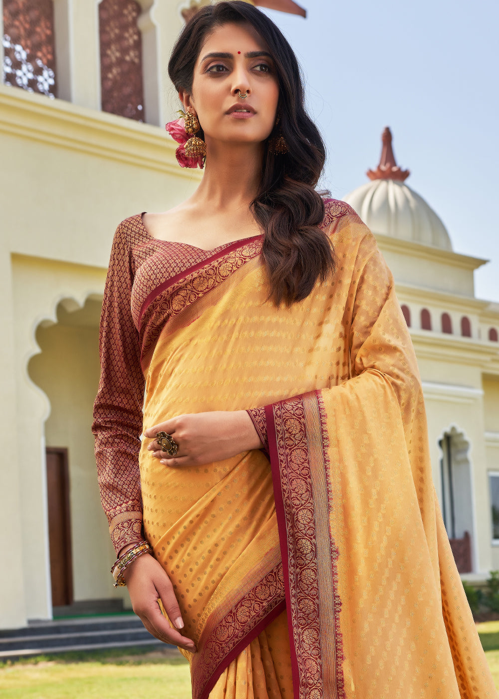 Light Yellow Zari Woven Georgette Saree with Contrast Blouse & Pallu