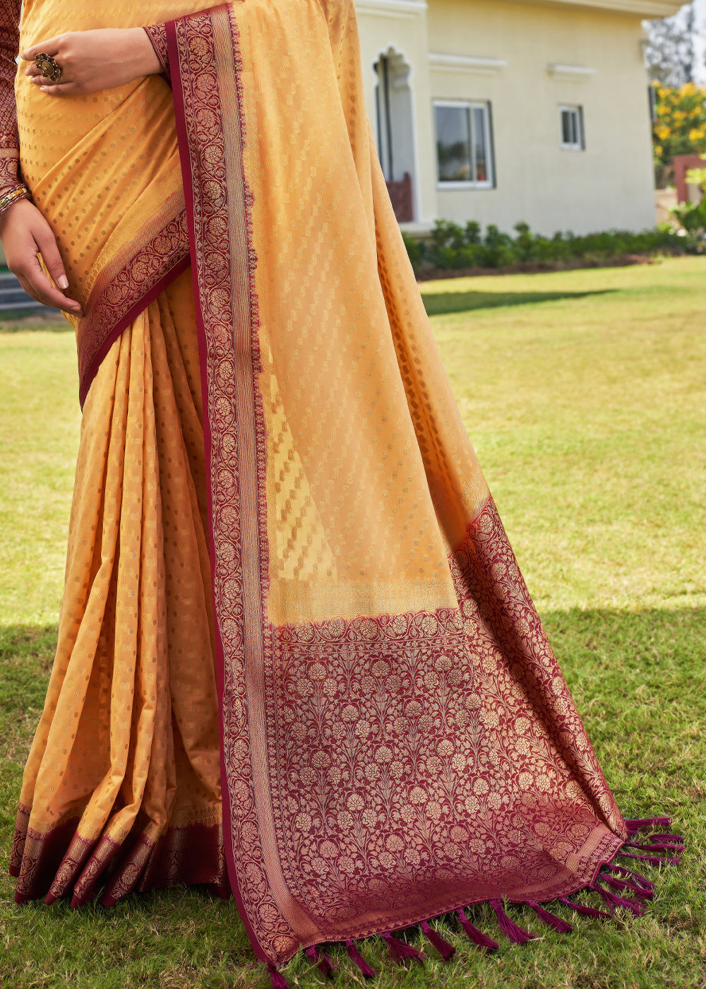 Light Yellow Zari Woven Georgette Saree with Contrast Blouse & Pallu