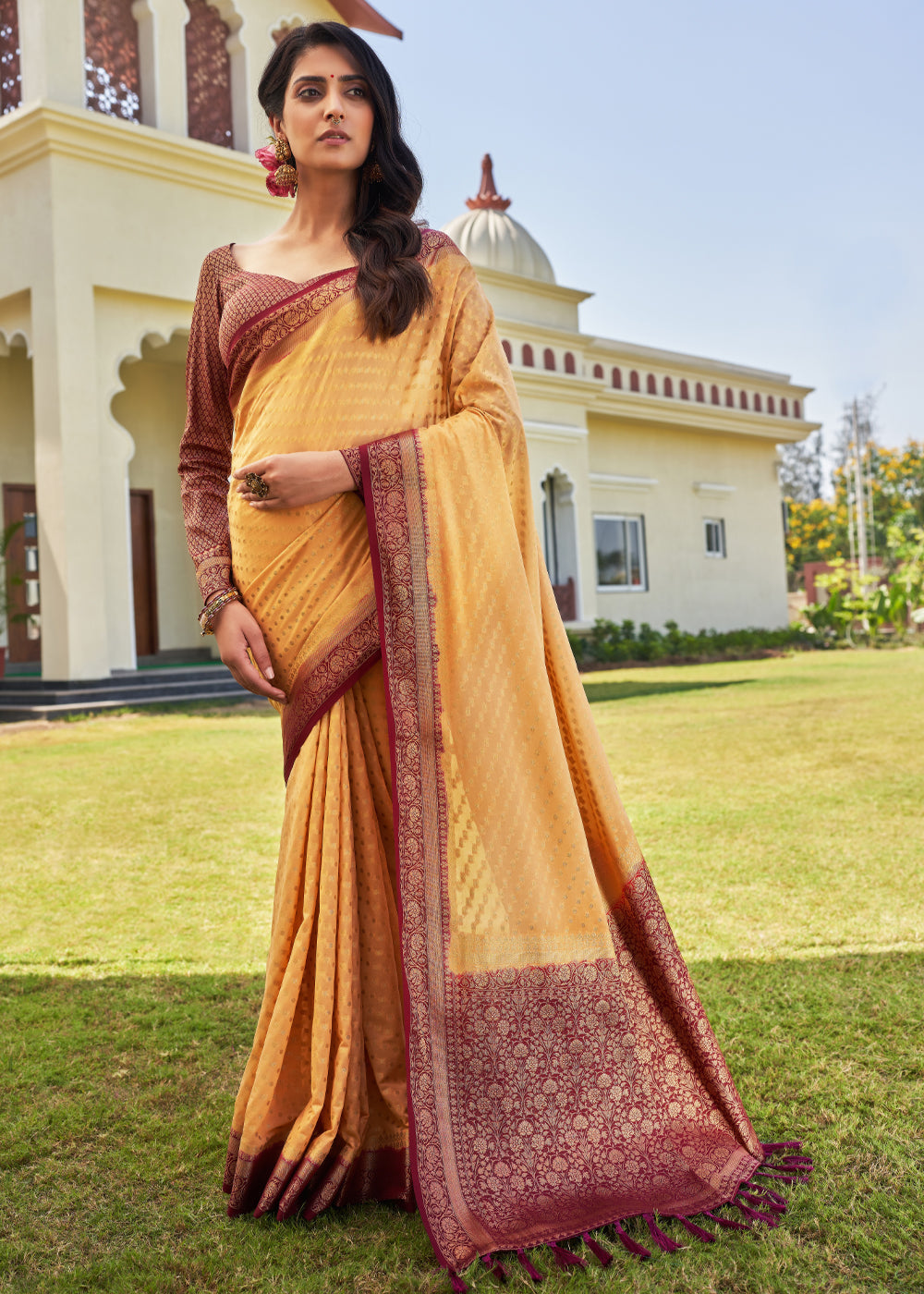 Light Yellow Zari Woven Georgette Saree with Contrast Blouse & Pallu