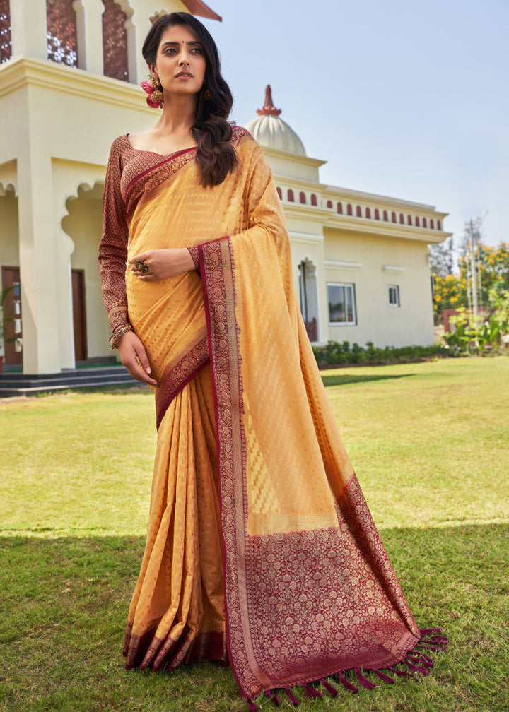 Light Yellow Zari Woven Georgette Saree with Contrast Blouse & Pallu