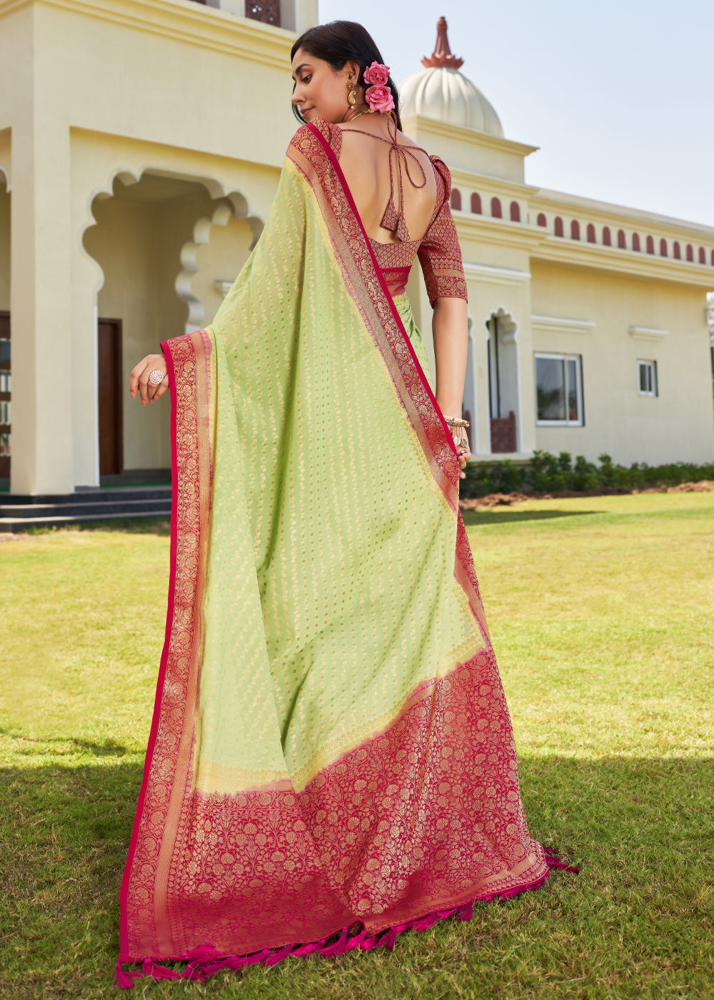 Light Green Zari Woven Georgette Saree with Contrast Blouse & Pallu