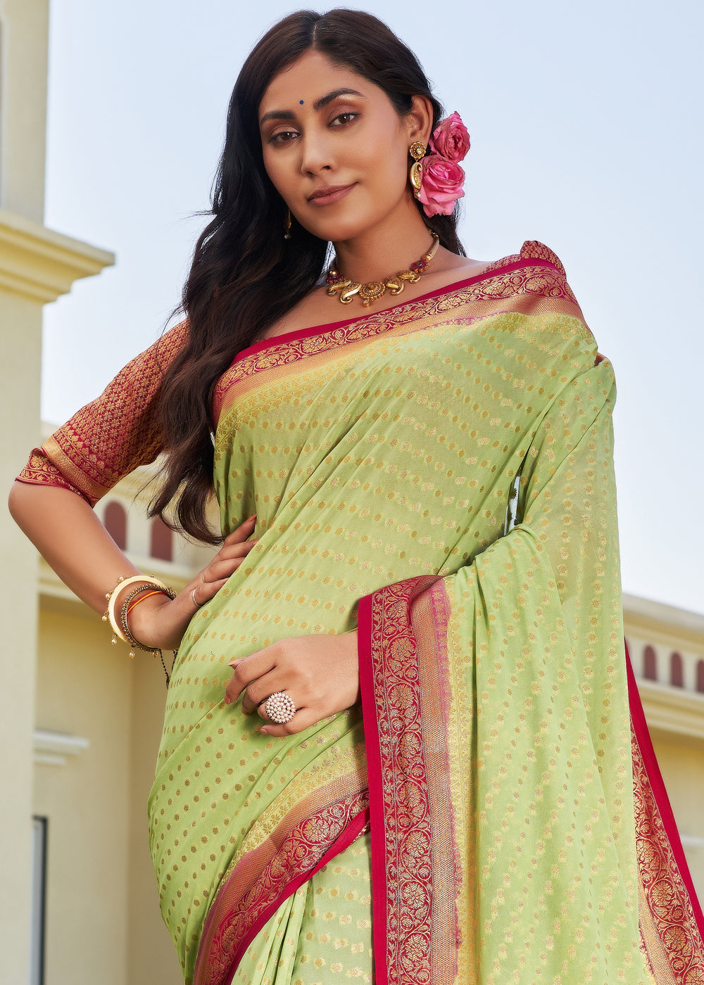 Light Green Zari Woven Georgette Saree with Contrast Blouse & Pallu