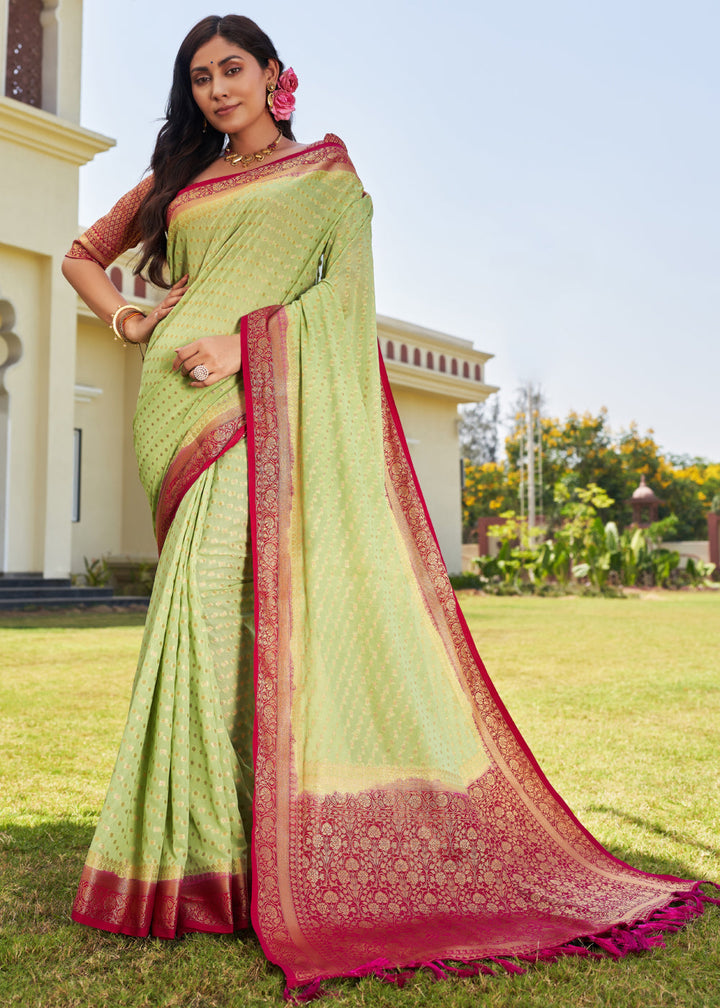 Light Green Zari Woven Georgette Saree with Contrast Blouse & Pallu