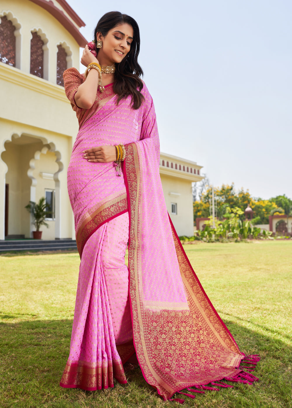 Rose Pink Zari Woven Georgette Saree with Contrast Blouse & Pallu