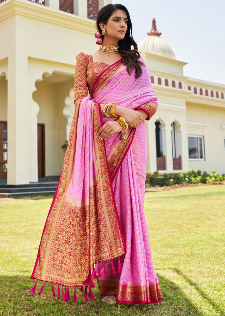 Rose Pink Zari Woven Georgette Saree with Contrast Blouse & Pallu