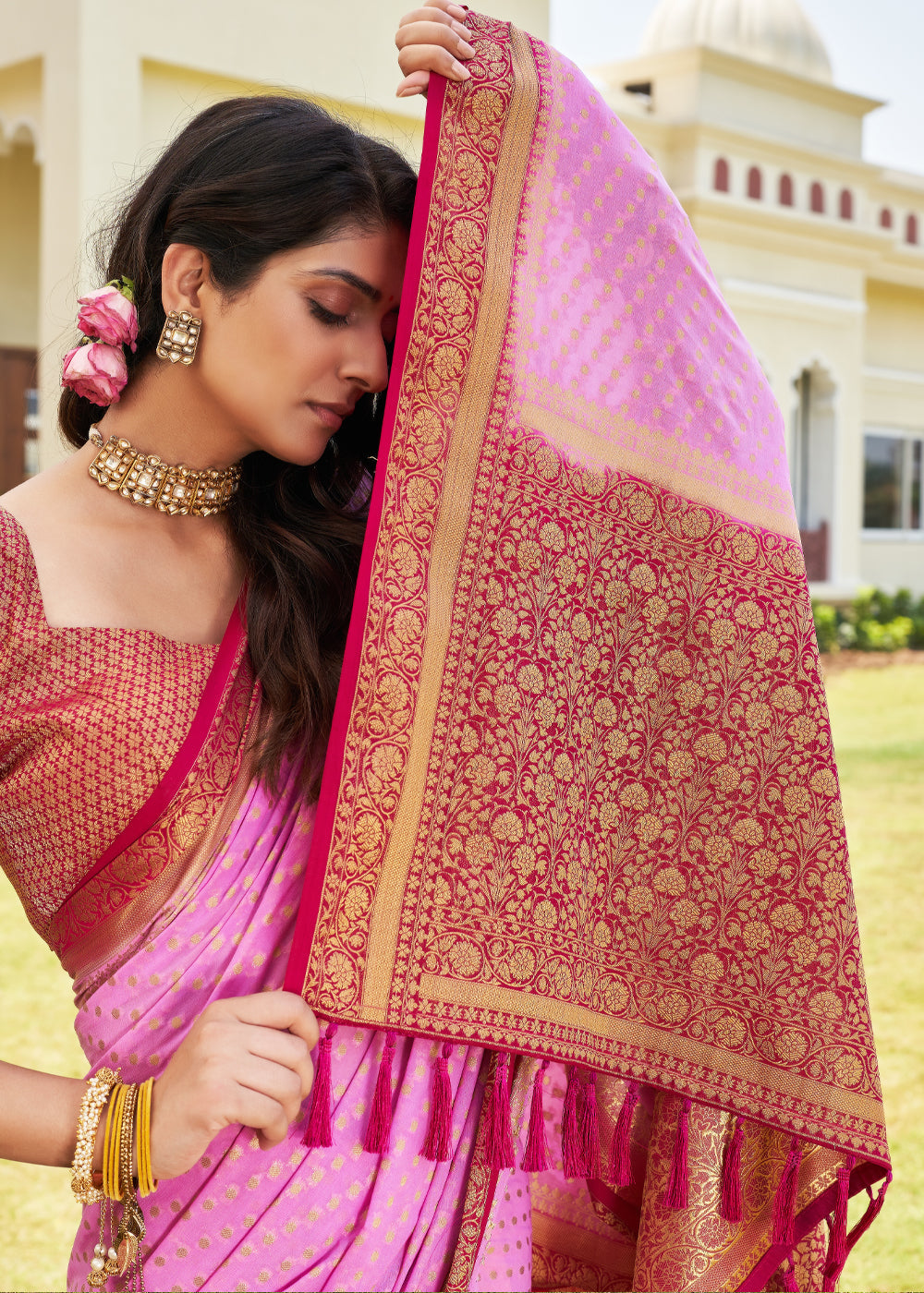 Rose Pink Zari Woven Georgette Saree with Contrast Blouse & Pallu