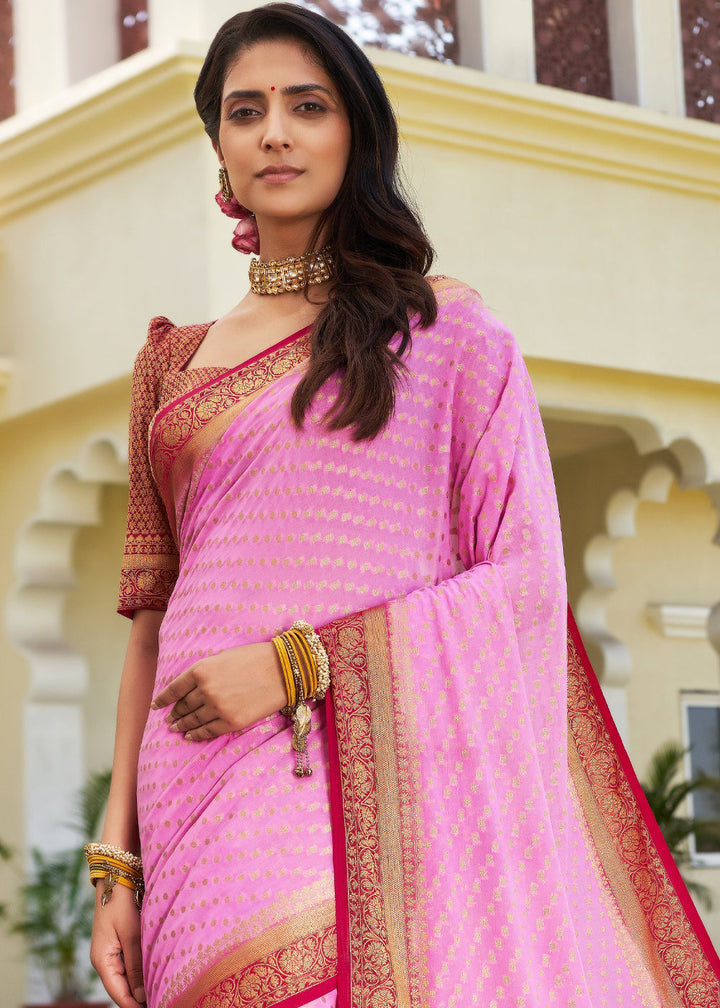 Rose Pink Zari Woven Georgette Saree with Contrast Blouse & Pallu