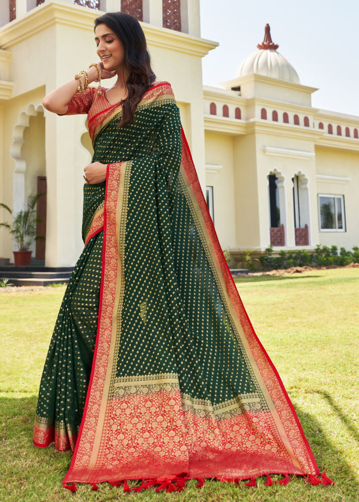 Forest Green Zari Woven Georgette Saree with Contrast Blouse & Pallu