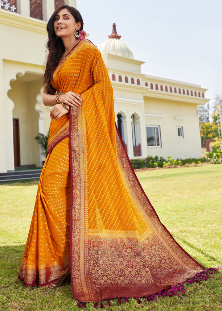 Shades Of Orange Zari Woven Georgette Saree with Contrast Blouse & Pallu