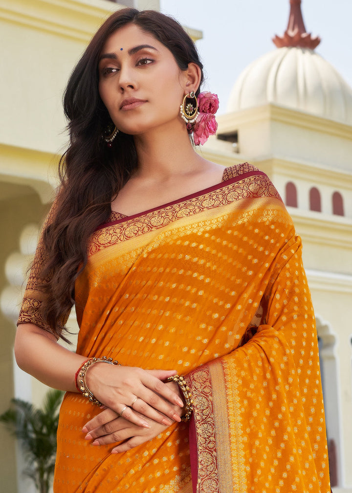 Shades Of Orange Zari Woven Georgette Saree with Contrast Blouse & Pallu