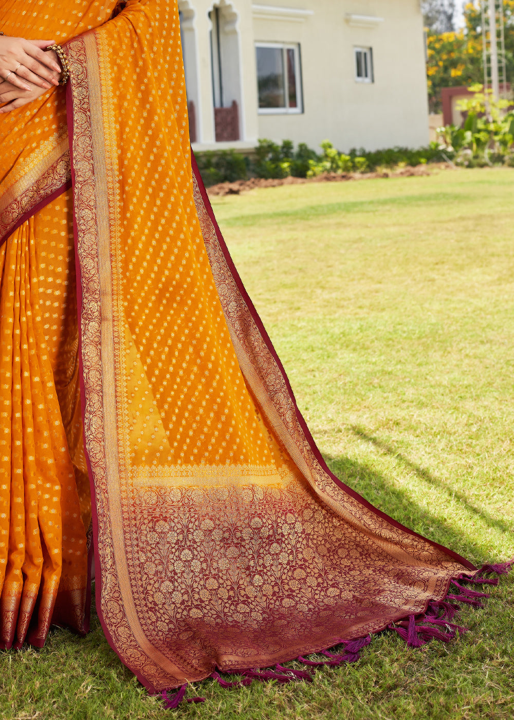 Shades Of Orange Zari Woven Georgette Saree with Contrast Blouse & Pallu