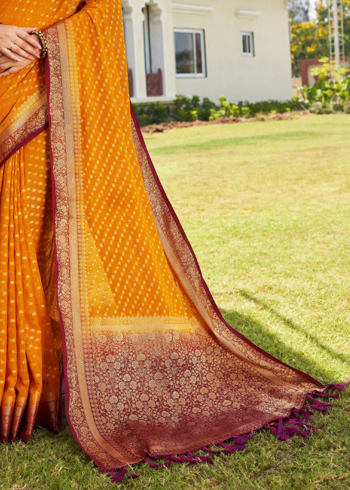 Shades Of Orange Zari Woven Georgette Saree with Contrast Blouse & Pallu