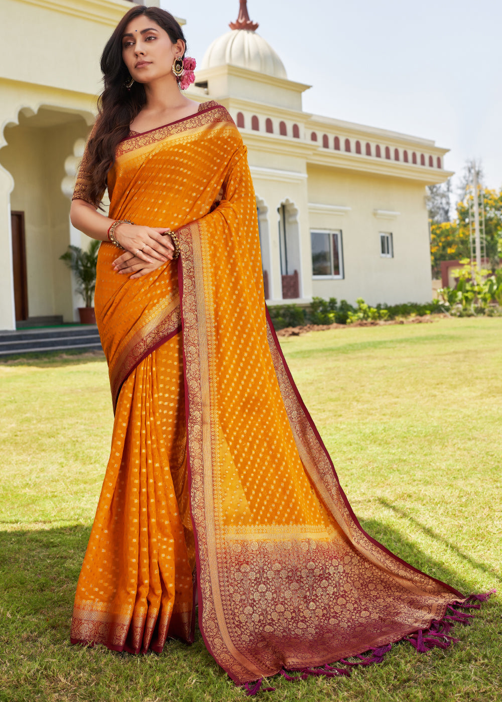 Shades Of Orange Zari Woven Georgette Saree with Contrast Blouse & Pallu