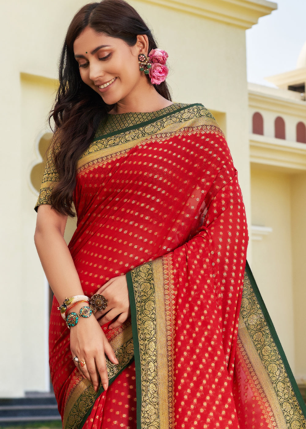 Bridal Red Zari Woven Georgette Saree with Contrast Blouse & Pallu