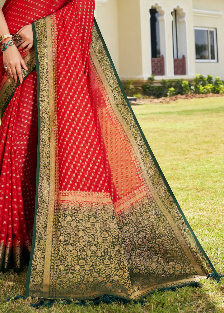 Bridal Red Zari Woven Georgette Saree with Contrast Blouse & Pallu