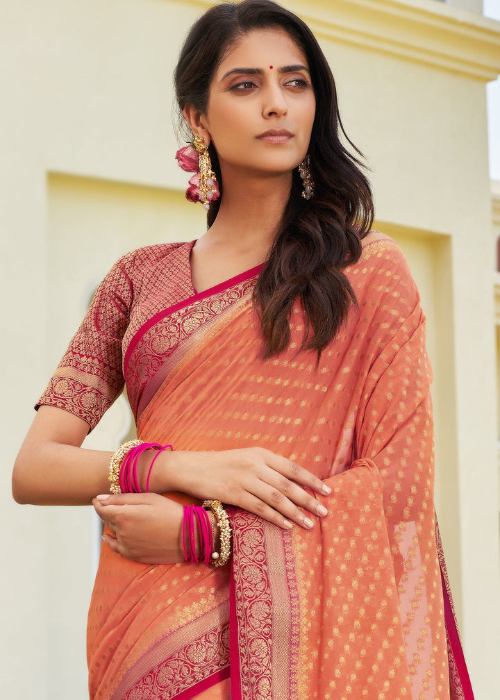 Coral Pink Zari Woven Georgette Saree with Contrast Blouse & Pallu