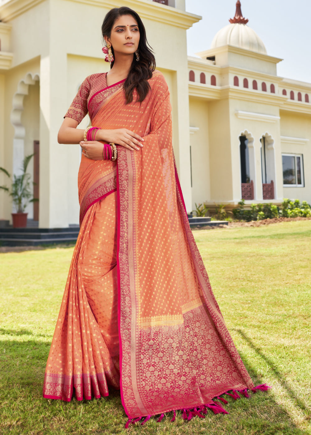 Coral Pink Zari Woven Georgette Saree with Contrast Blouse & Pallu