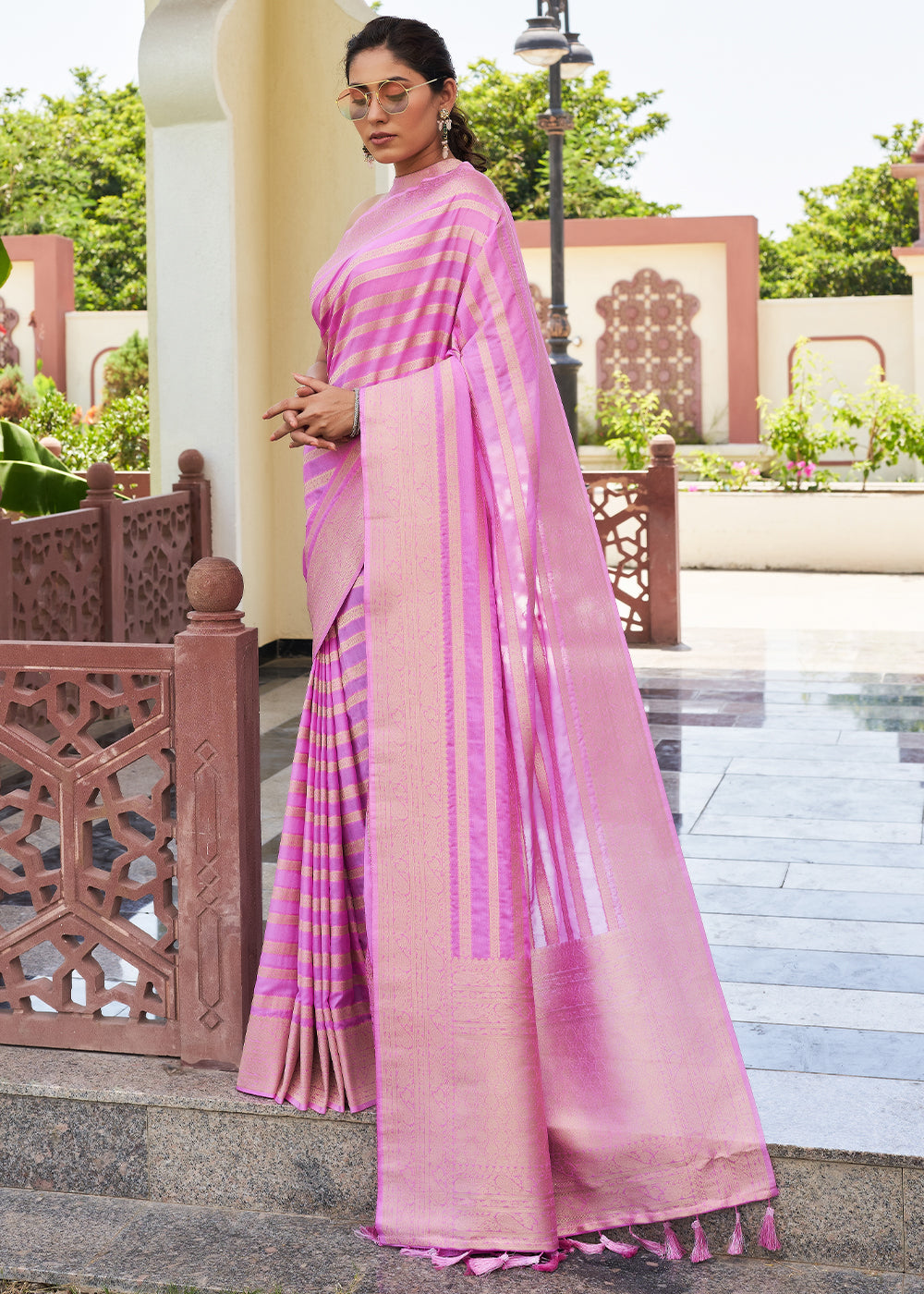 Neon Pink Zari Woven Leheriya Georgette Saree