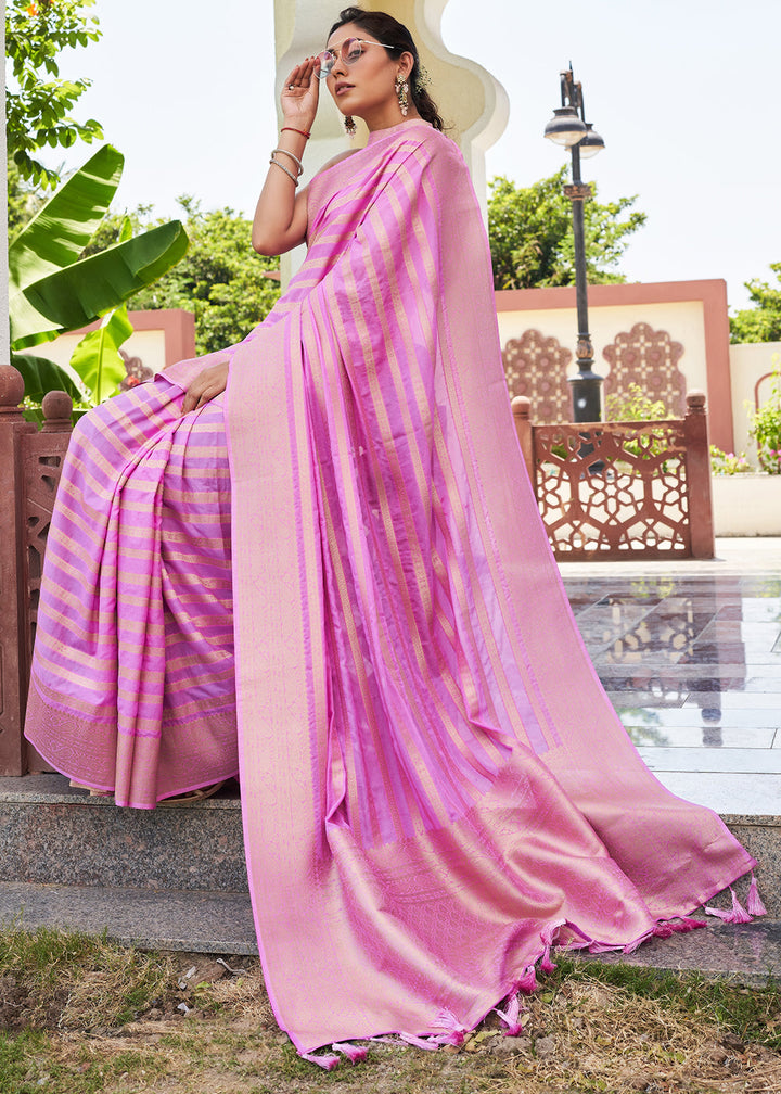 Neon Pink Zari Woven Leheriya Georgette Saree