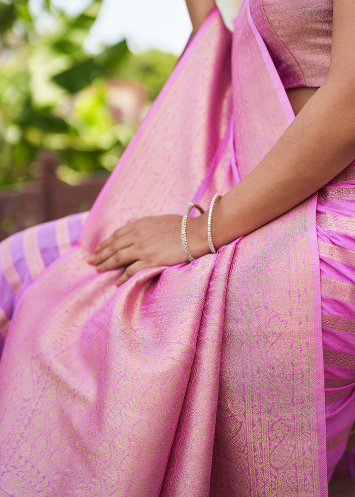 Neon Pink Zari Woven Leheriya Georgette Saree