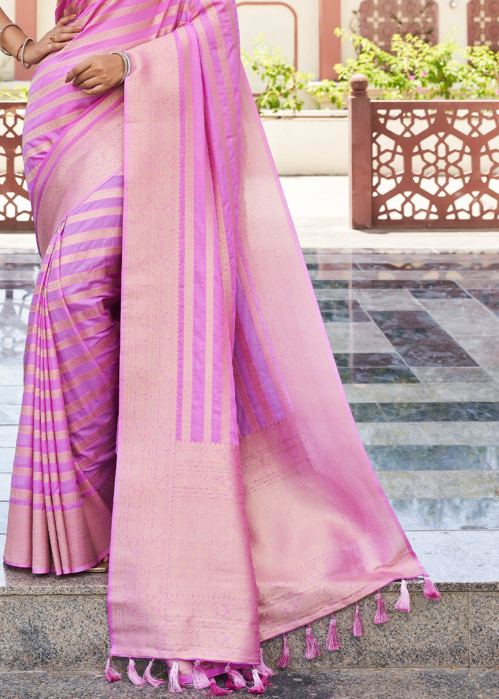 Neon Pink Zari Woven Leheriya Georgette Saree