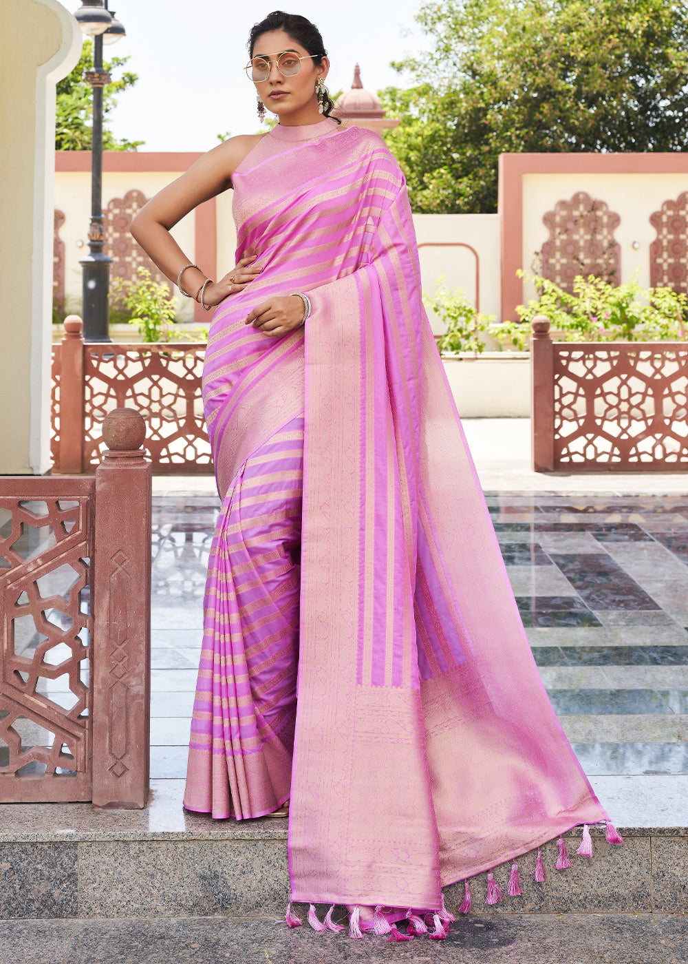 Neon Pink Zari Woven Leheriya Georgette Saree