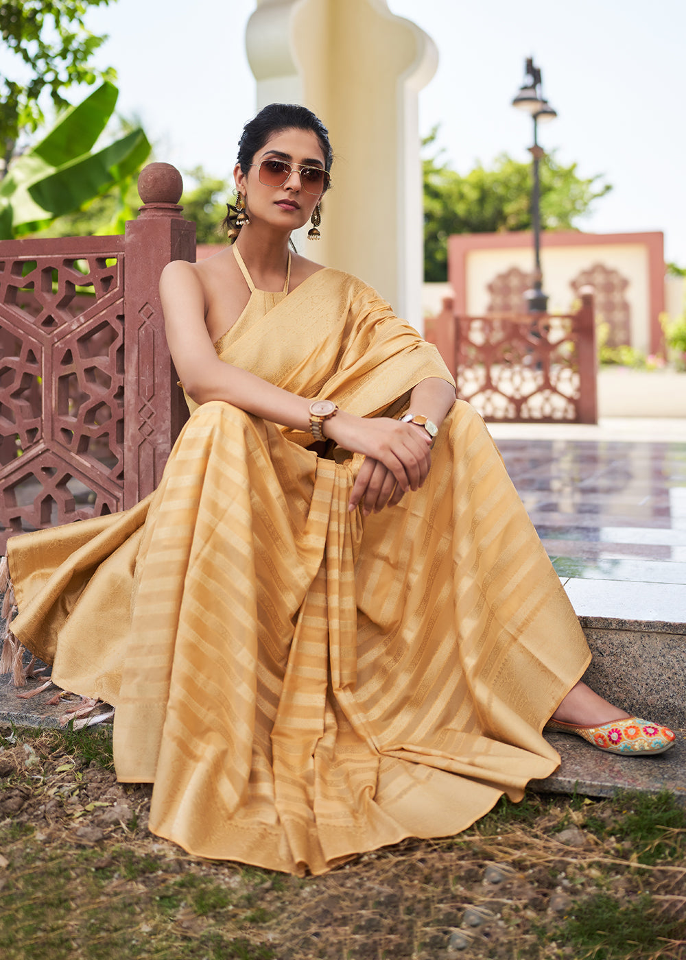 Wheat Brown Zari Woven Leheriya Georgette Saree