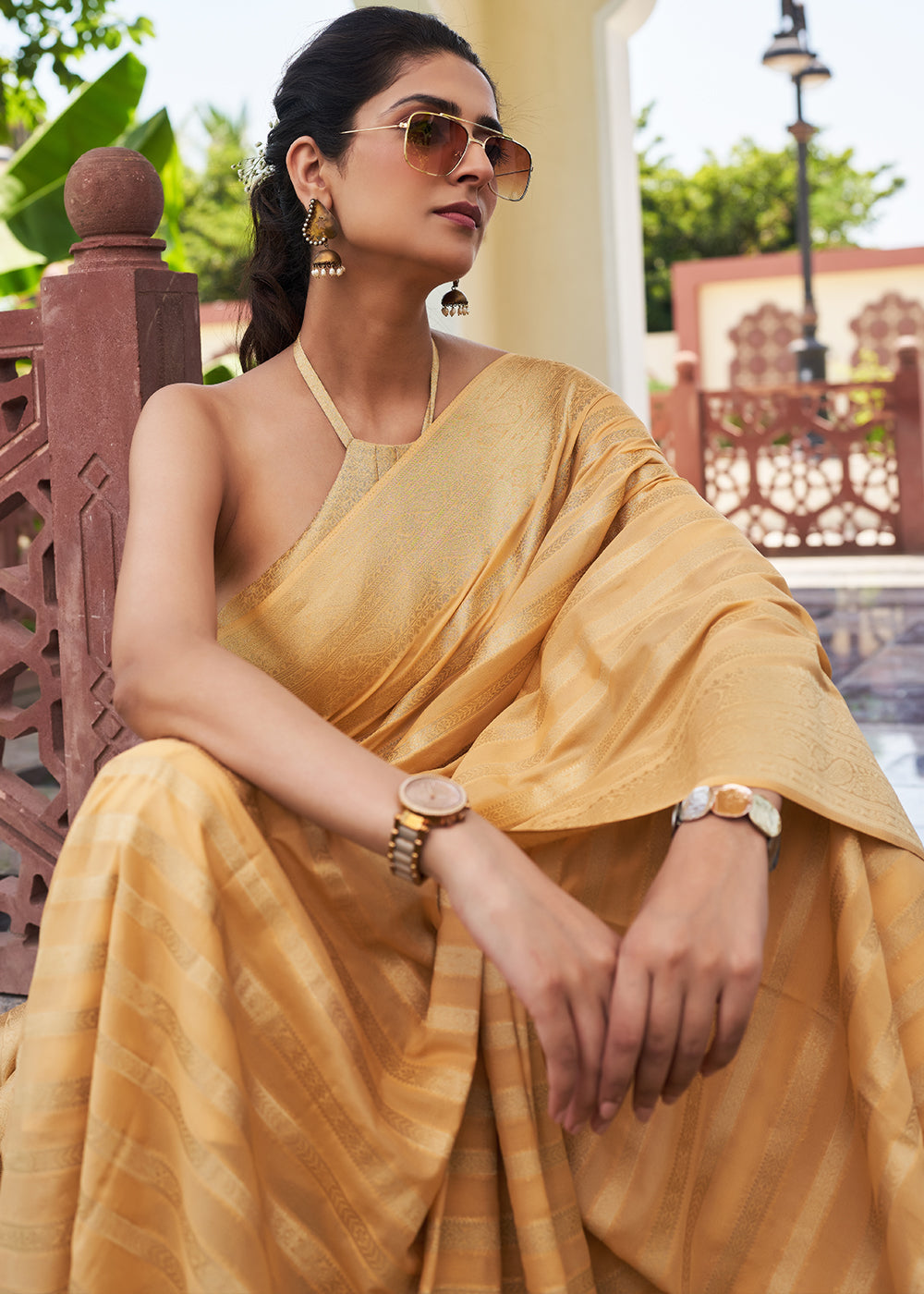 Wheat Brown Zari Woven Leheriya Georgette Saree