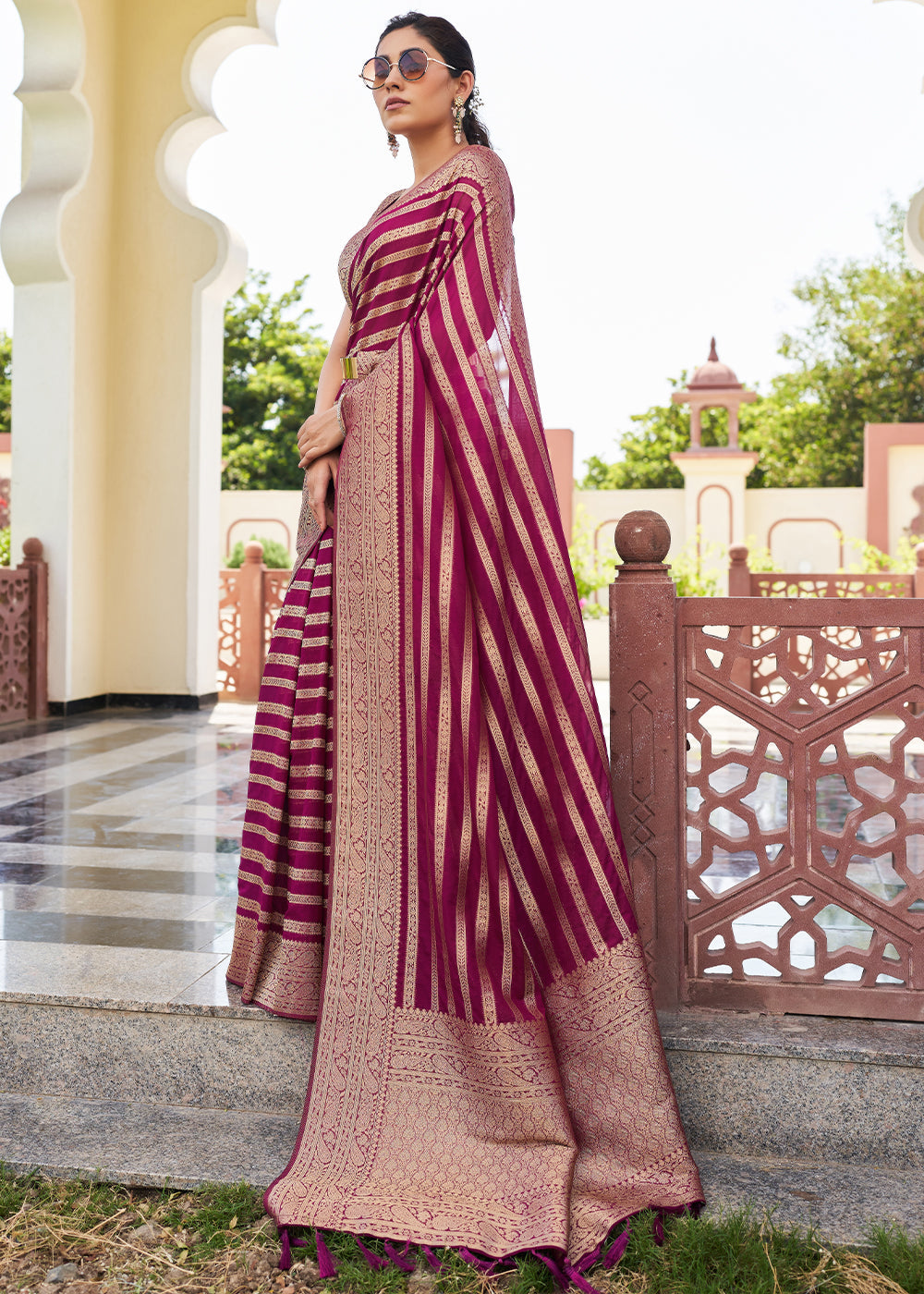 Jam Purple Zari Woven Leheriya Georgette Saree