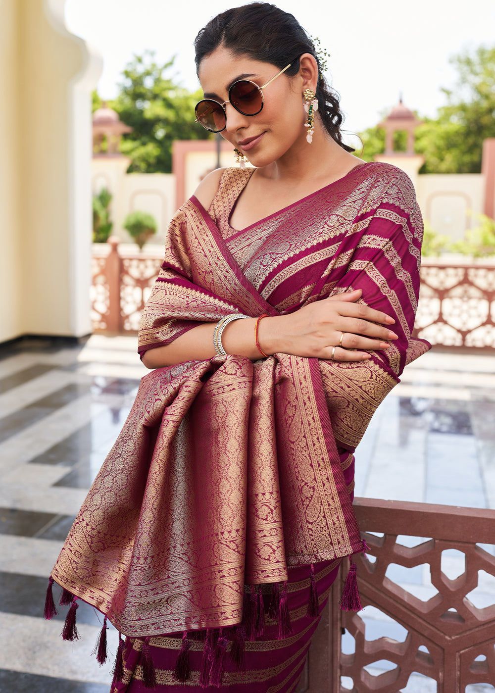 Jam Purple Zari Woven Leheriya Georgette Saree