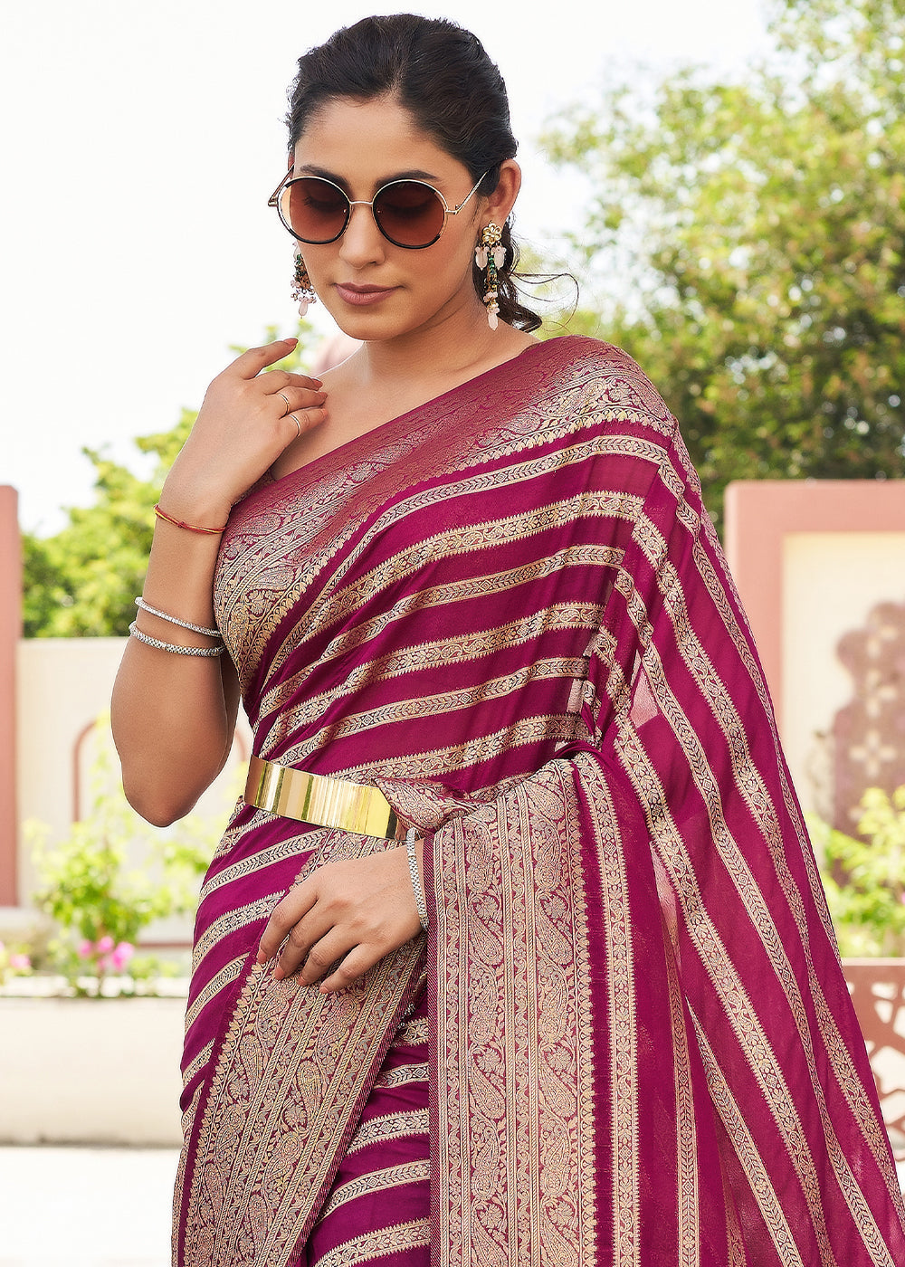 Jam Purple Zari Woven Leheriya Georgette Saree